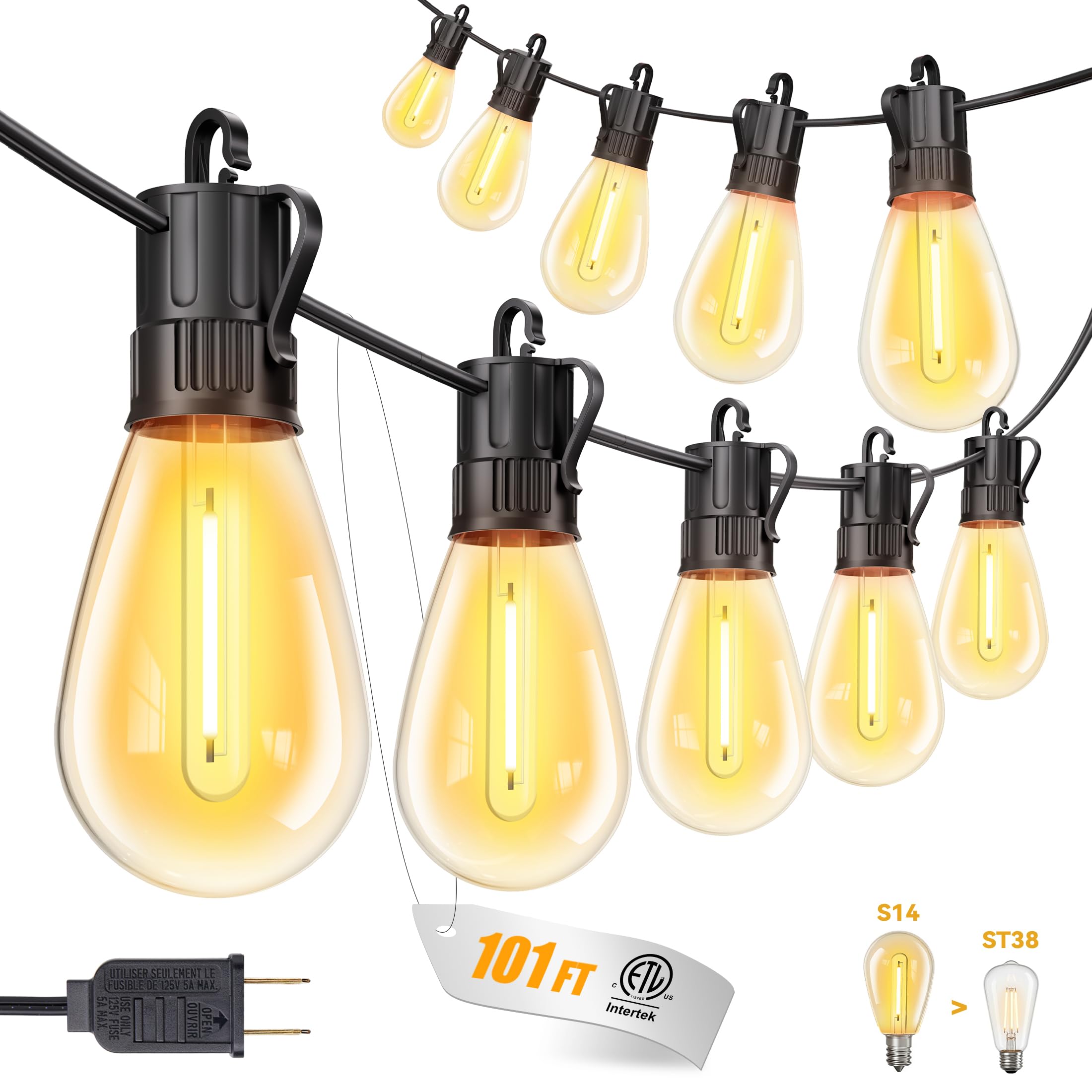 Minetom 101FT Outdoor String LED Patio Lights Waterproof