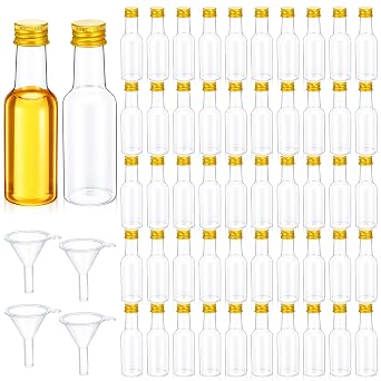 100 Pcs Mini Bottles Set, 1.7oz Plastic Empty Spirit Bottles with Caps for Party Favors, 4 Funnels Included, Leak Proof Travel Containers for Alcohol, Oil, or Condiments Gold Cap