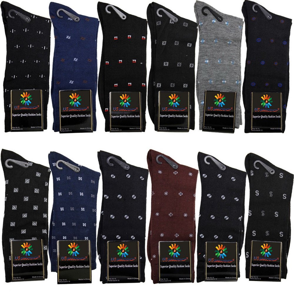 USBingoshopMens Cotton Argyle Striped Solid Ribbed Black Crew Dress Socks