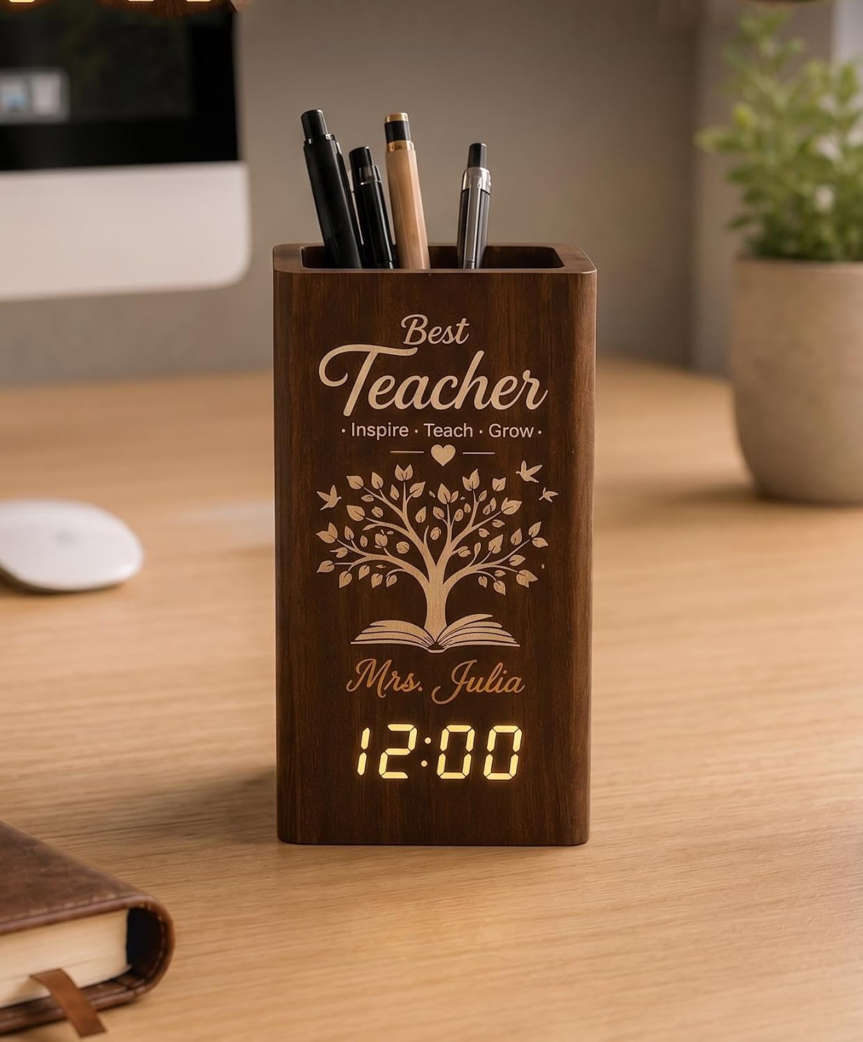 Personalized Wooden Teacher Pen Holder with Clock, Custom Name Desk Organizer for Classroom, Best Teacher Appreciation Gift Mrs Gifts