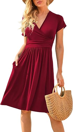 LILBETTER Women's Summer Casual Short Sleeve V-Neck Short Party Dress with Pockets