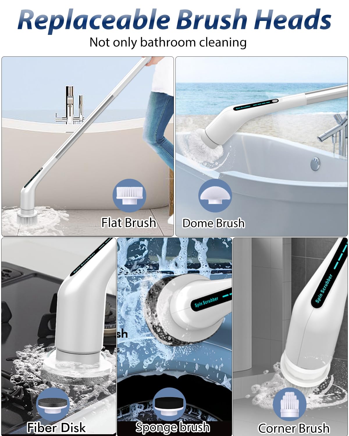 Elektrischer Drehschrubber, IPX7, wasserdicht, kabellos, Duschreiniger, 2 Geschwindigkeiten, 5 austauschbare Köpfe, verstellbarer Verlängerungsgriff für Badezimmer, WC, Badewanne, Küche, Fliesenböden