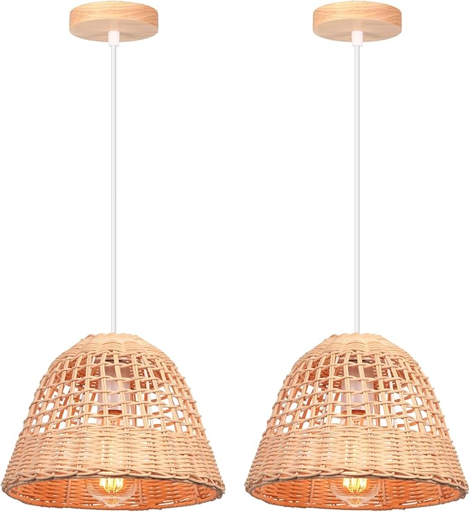 LIGKIN 2 stuks bamboo geweven kroonluchter rotan boho stijl, vintage plafondlamp voor restaurant, keuken en woonkamer