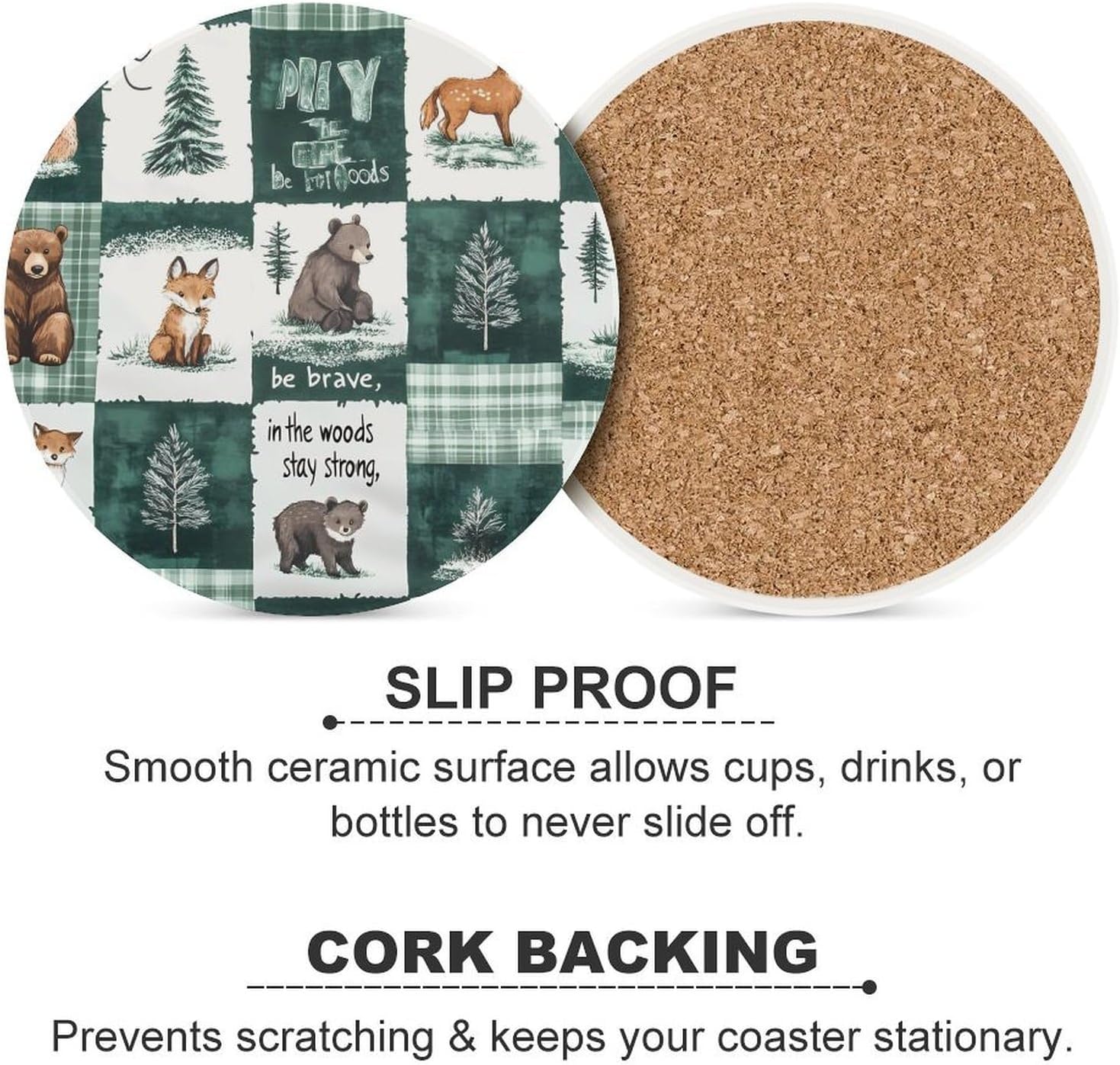 Animal and Forests Patchwork Round Ceramic Coasters Print Drinks Absorbent with Cork Base for Home Decor Gifts 4 Inch