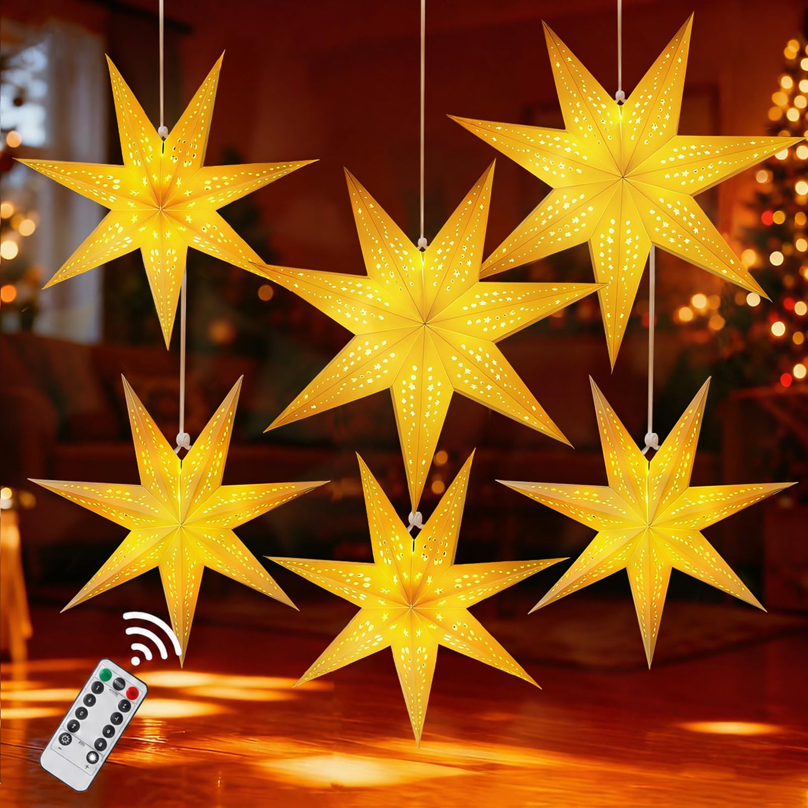 Große Papierstern-Laternen mit Lichtern, 3D-Hohl-Out-Weihnachtspapierlaternen, 4 Stück, faltbar, dekorative Weihnachtsdekorationen für Weihnachten, Hochzeit, Neujahr, Party, Heimdekoration