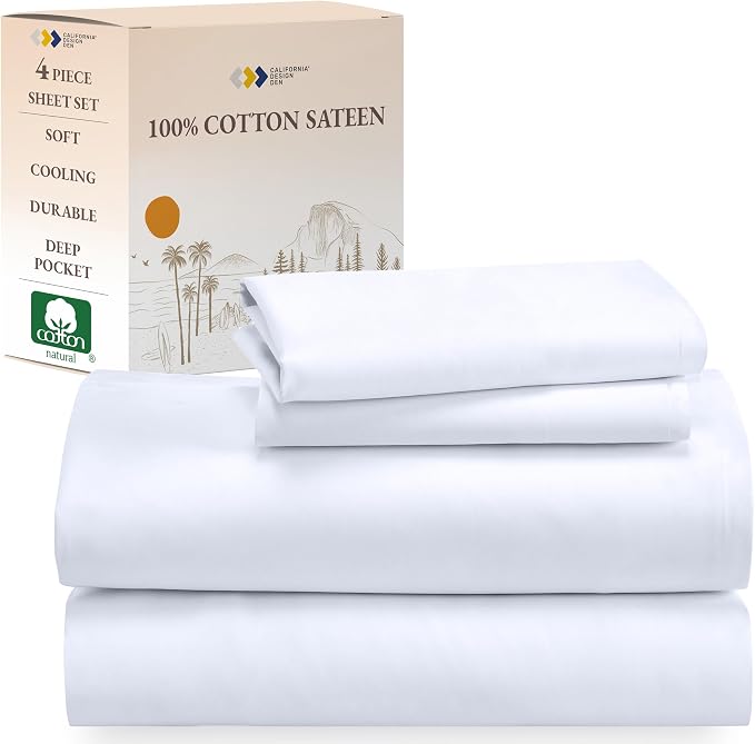 California Design Den Soft 100% Cotton Sheets - Queen Sheet Set, Sateen Weave, Deep Pockets with All Around Elastic for a, Cool & Durable Bedding Set - White