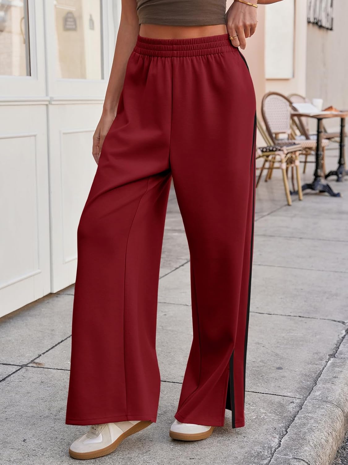 Fisoew Womens Wide Leg Pants Casual Baggy Elastic Waist Side Slit Contrast Stitch Loose Workout Sweat Pants with Pockets - Image 4