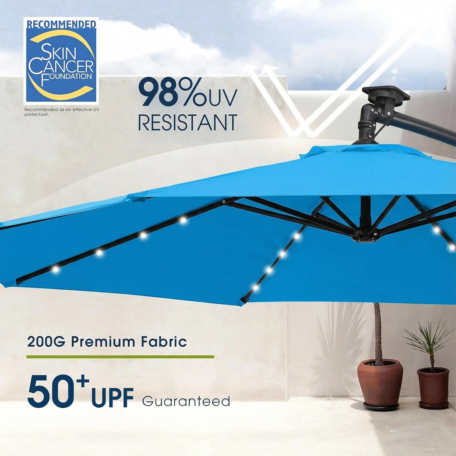 wikiwiki 10ft Solar LED Offset Patio Umbrella, Outdoor Cantilever Patio Umbrellas with Solor Lights for Backyard, Poolside and Garden, Easy Tilt Adjustment, 32 LED Lights & Polyester Shade, Royal Blue