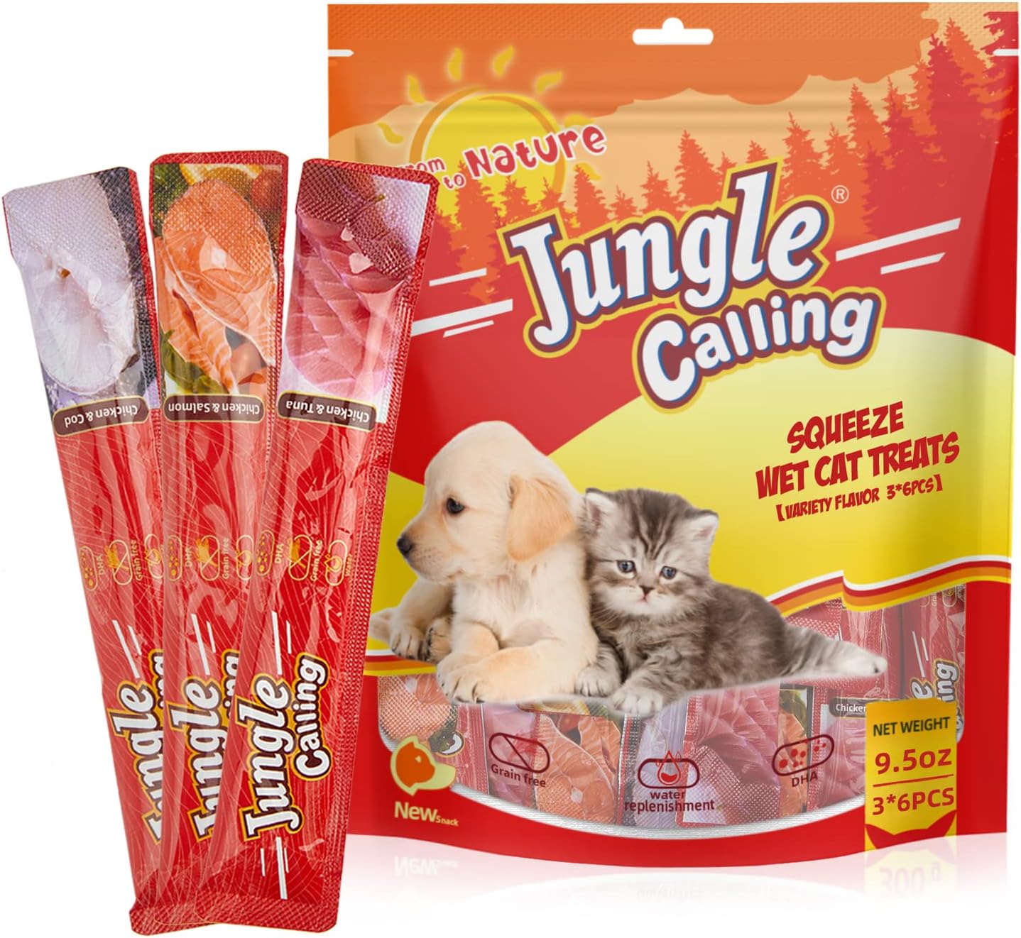 Jungle Calling Lickable Wet Cat Treats, Grain-Free, Squeezable Creamy Cat Treats for Adult & Senior Cats, 0.5 Ounces in Each 18 Tubes, 3 Flavor Variety