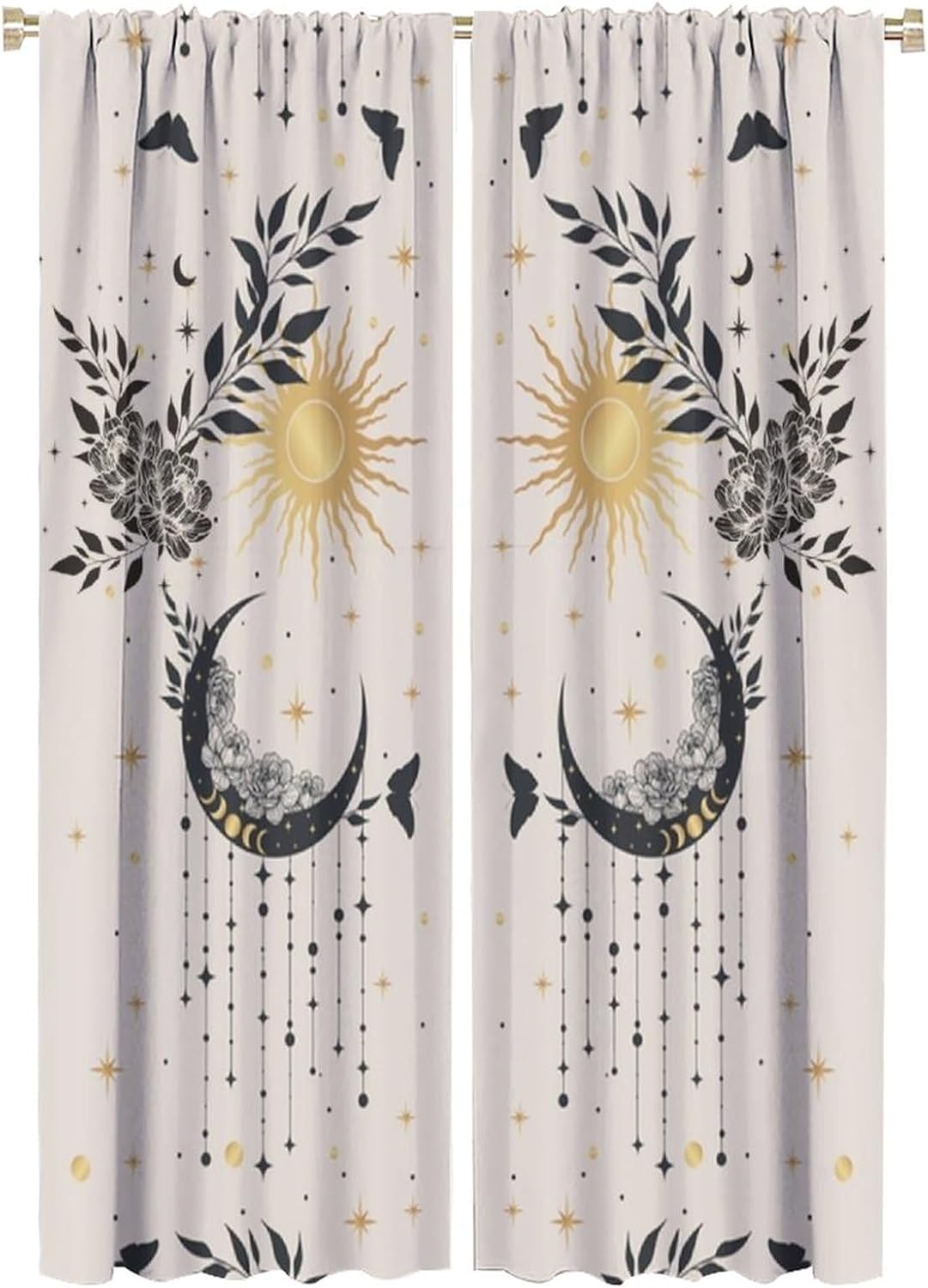 Vintage Boho Beige Minimalism Curtains, Sun Moon Star Butterfly Rose Seamless Pattern, Rod Pocket Thermal Insulation Blackout Window Treatments for Living Room Bedroom Bathroom (21x63in) x2 Panels