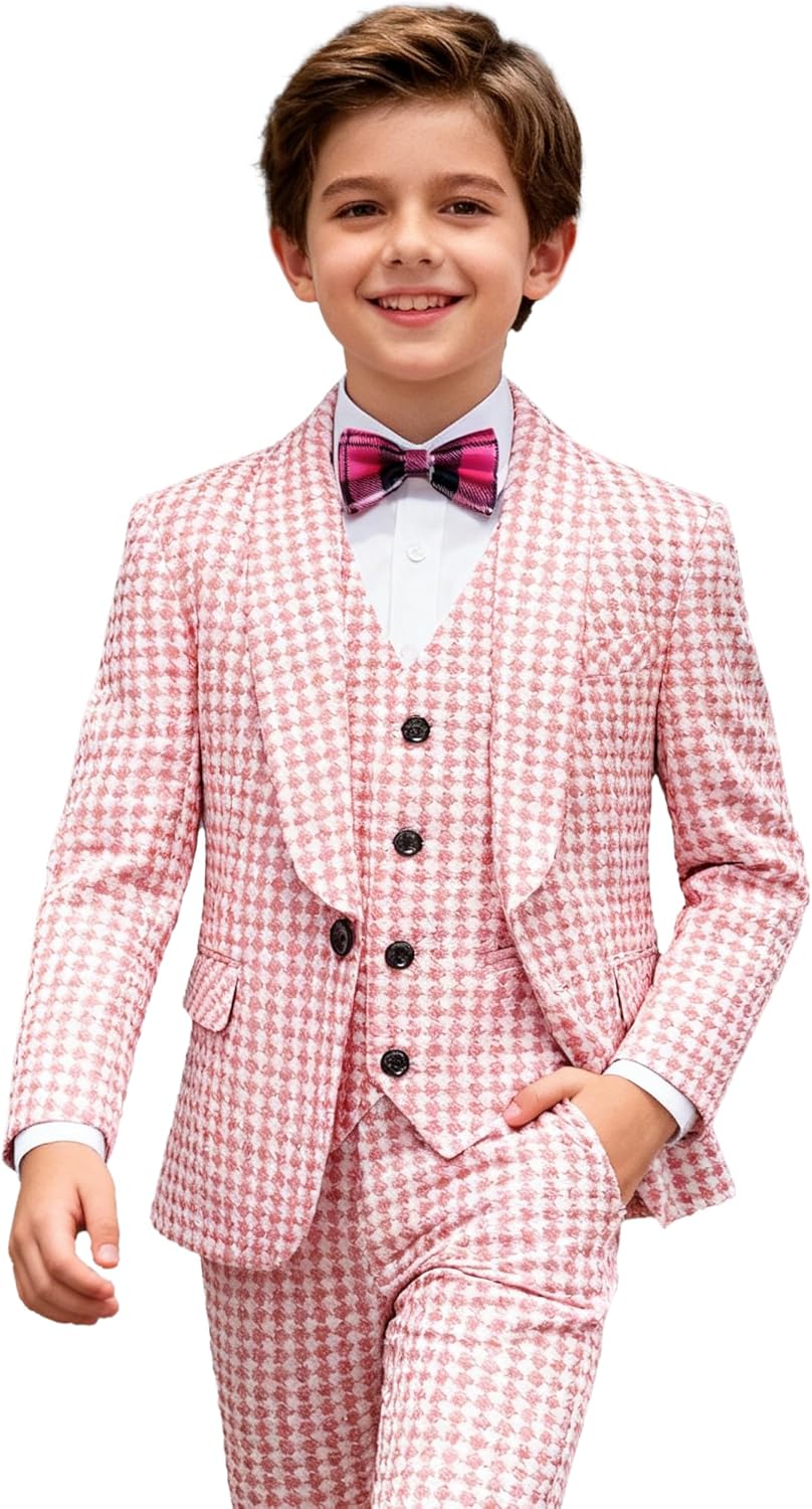 UNINUKOO Boys Tuxedo Suit Dress 3 Piece Plaid Clothes Graduation Wedding Formal Outfit Kids Suits for Teenage Boys