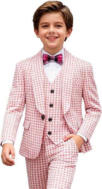 UNINUKOO Boys Tuxedo Suit Dress 3 Piece Plaid Clothes Graduation Wedding Formal Outfit Kids Suits for Teenage Boys