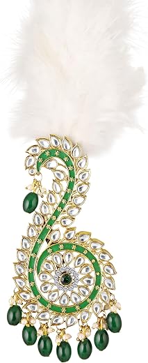 Mahi Royal Green & White Crystals Safa Kalangi for Groom | Traditional Feather Sarpech Brooch for Wedding, Dulha Pagdi Acc...
