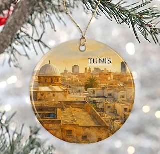 Tunis Tunisia Watercolor Ornament - Ceramic Christmas Keepsake - Honeymoon Anniversary - Travel Souvenir - Housewarming Present - Gift for Tunisia Lover Printed on Both Sides