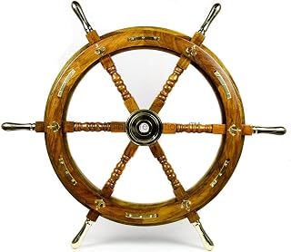 Nagina International Nautical Premium Sailor's Hand Crafted Brass & Wooden Ship Wheel | Luxury Gift Decor | Boat Collectibles (30 Inches, Anchor & Strips with Brass Handles)