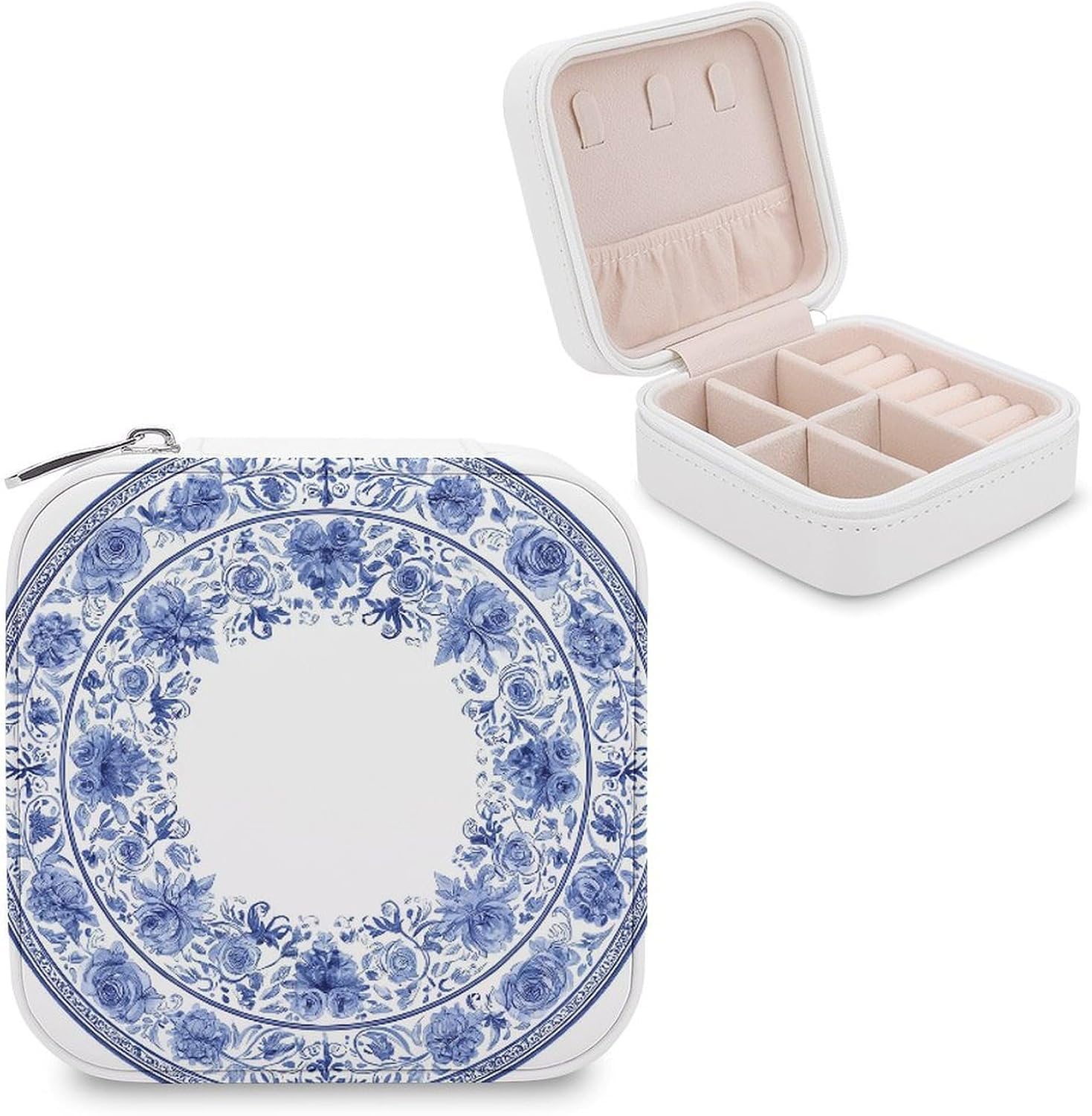 Blue And White Floral Pattern Feminine Aesthetic Travel Jewelry Case,Small Jewelry Box Jewelry Organizer Portable PU Leather Mini Jewelry Case for Womens Earring Necklace Rings Bracelet