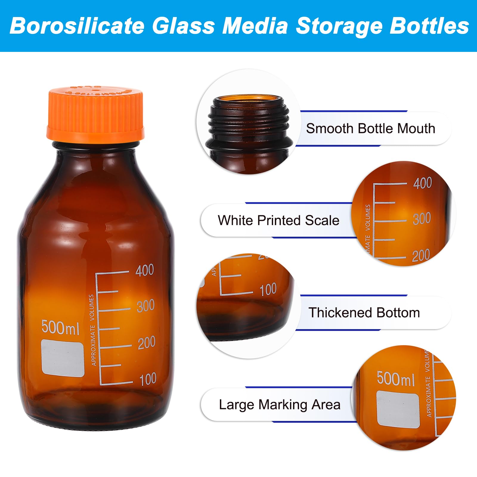 PATIKIL 2 Flaconi Da Laboratorio Per Reagenti, 500ml Borosilicate Vetro Graduato Bottiglie Rotondo Con Tappo A Vite Arancione GL32 E 24 Etichette Per Liquidi Reagenti Acqua