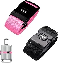 Luggage Strap, 2pcs Suitcase Straps with Password Lock Information Card, Adjustable Travel Packing Accessories Suitcase Belts with Buckle (Black+Pink, 2 PCS Set)