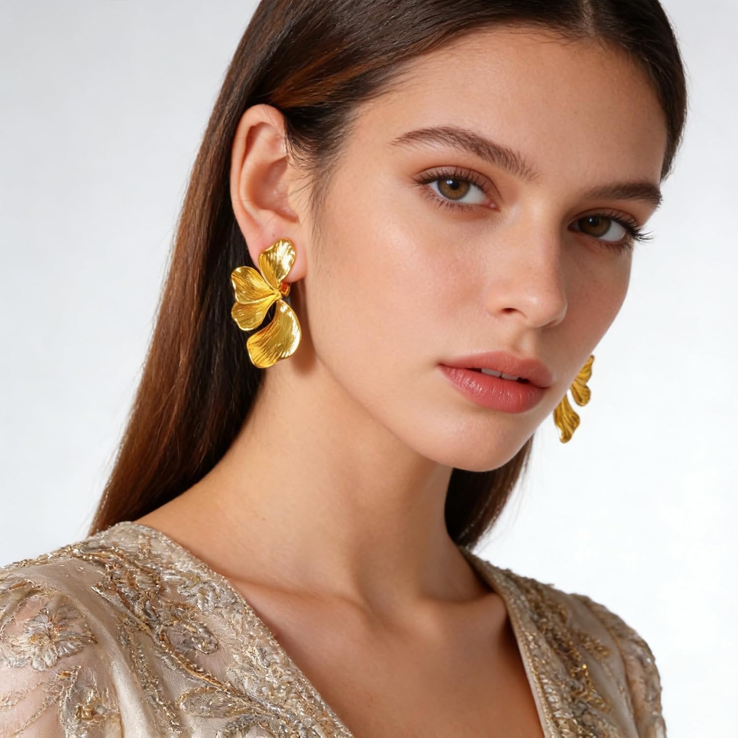 Gold Clip On Earrings for Women Textured Petal Statement Earrings Boho Floral Non Pierced Jewelry - Image 2