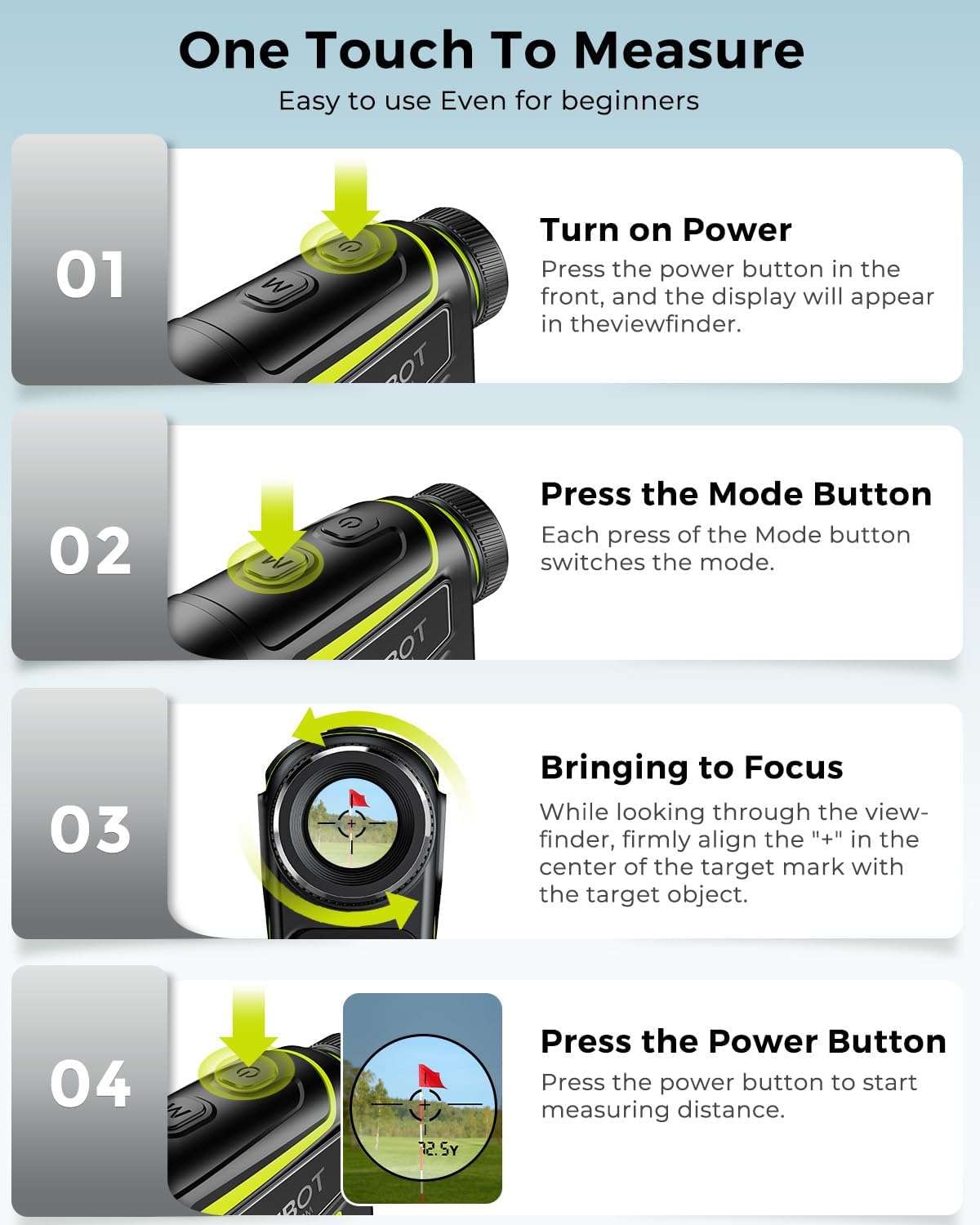 A step-by-step guide showing how to use the FOSSiBOT C1000 Golf Rangefinder: 1. Turn on Power, 2. Press the Mode Button, 3. Bringing to Focus, 4. Press the Power Button to measure distance.