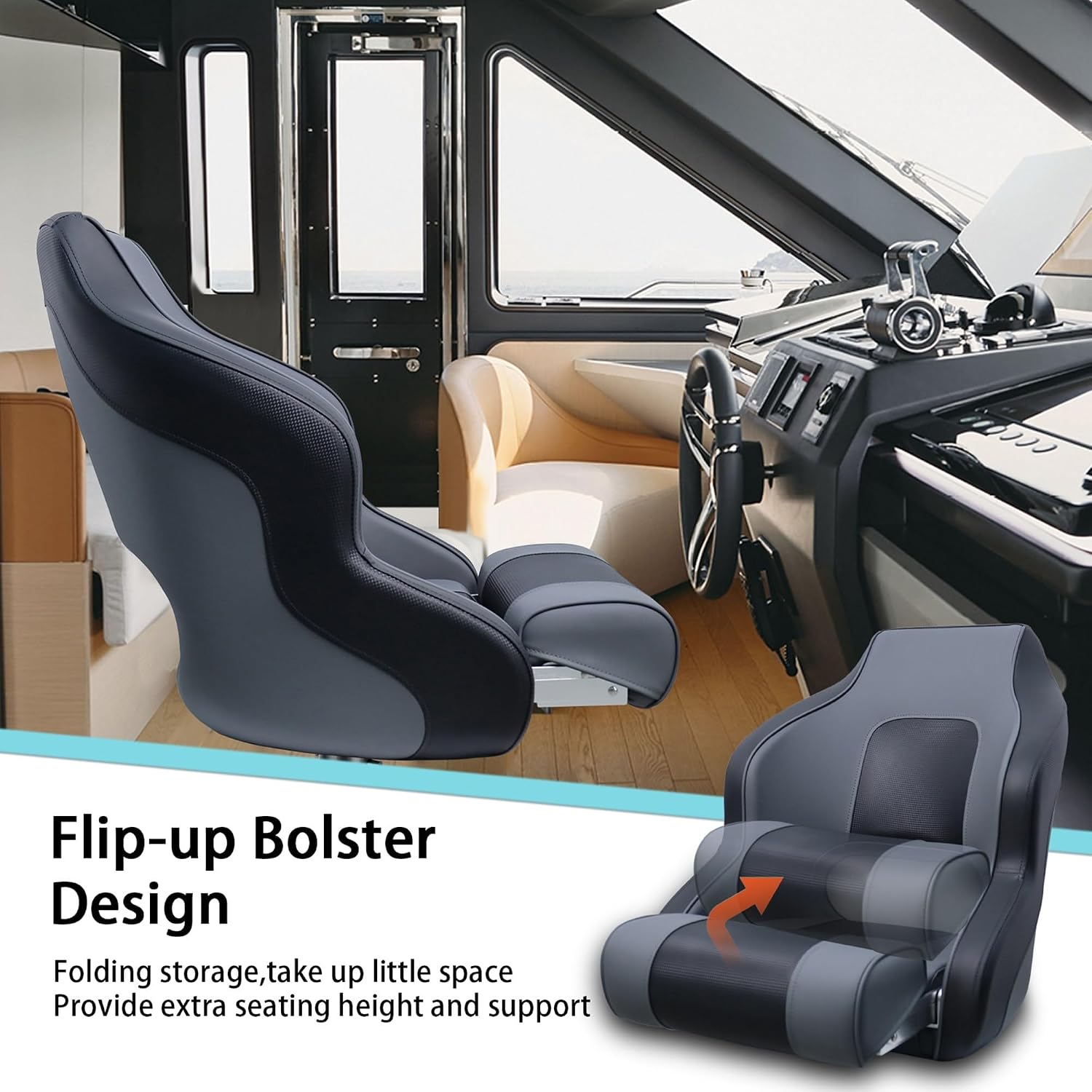 Deluxe High Back Boat Seats Premium Sports Flip Up Captain Bucket Boat Seat with Armrests and Bolster, Gray/Black