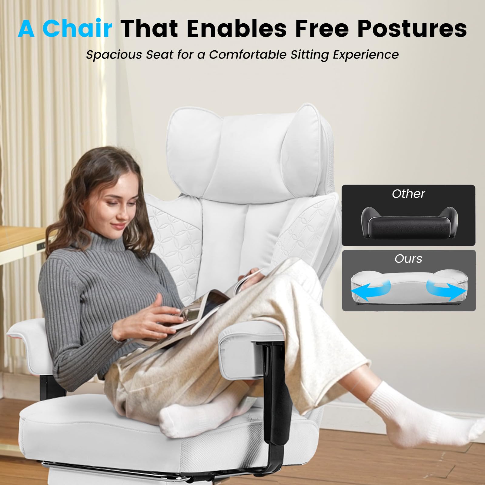 COMHOMA Silla Gaming Ergonómica, con apoyabrazos ajustables, soporte lumbar, muelles para personas altas, soporta 180 kg, asiento amplio, Blanca