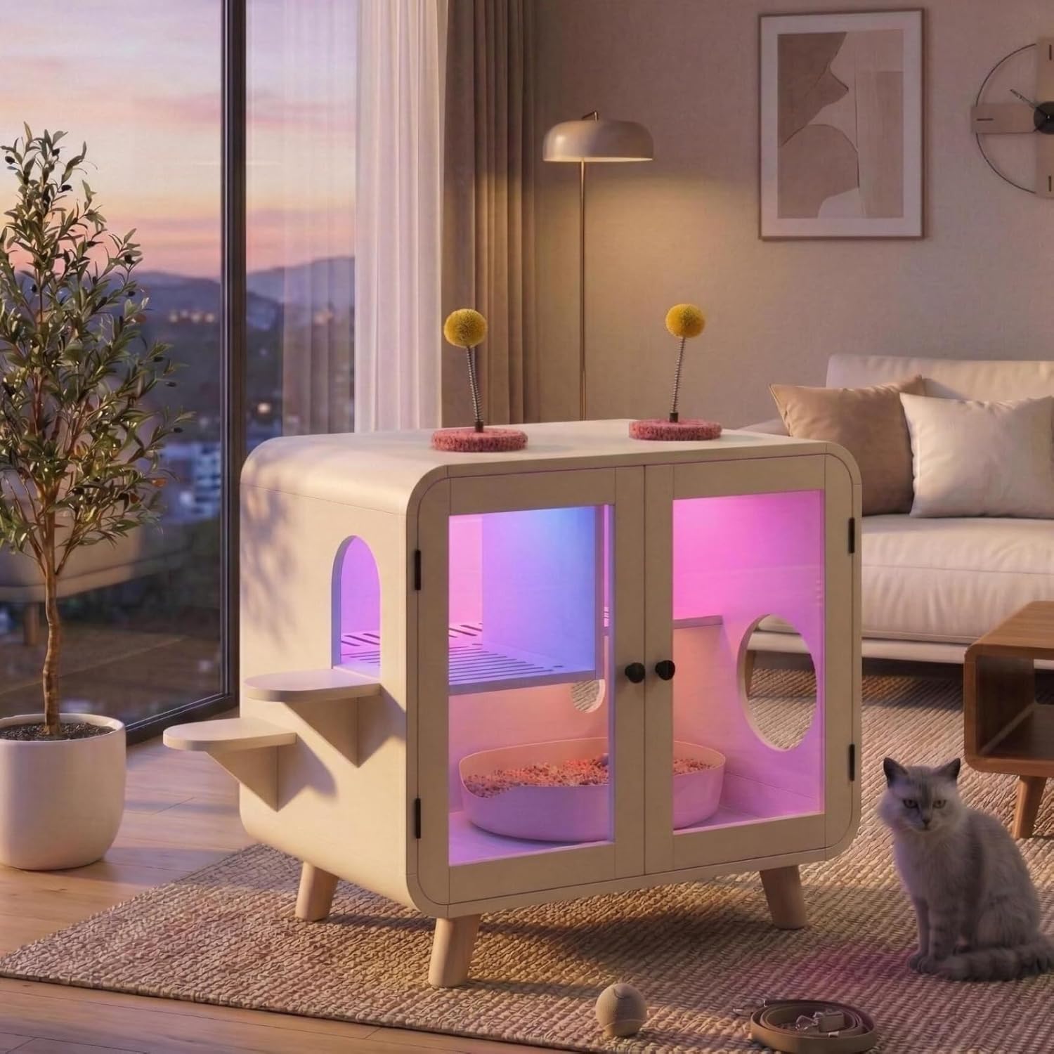 Beige Indoor Cat Hidden Litter Box Enclosure with LED Light, Cat House with Stairs and Pom-pom Toys, Cat Washroom Cabinet with Litter Leak Walkway & Glass Doors, 30.7" W×23.6" D×28" H