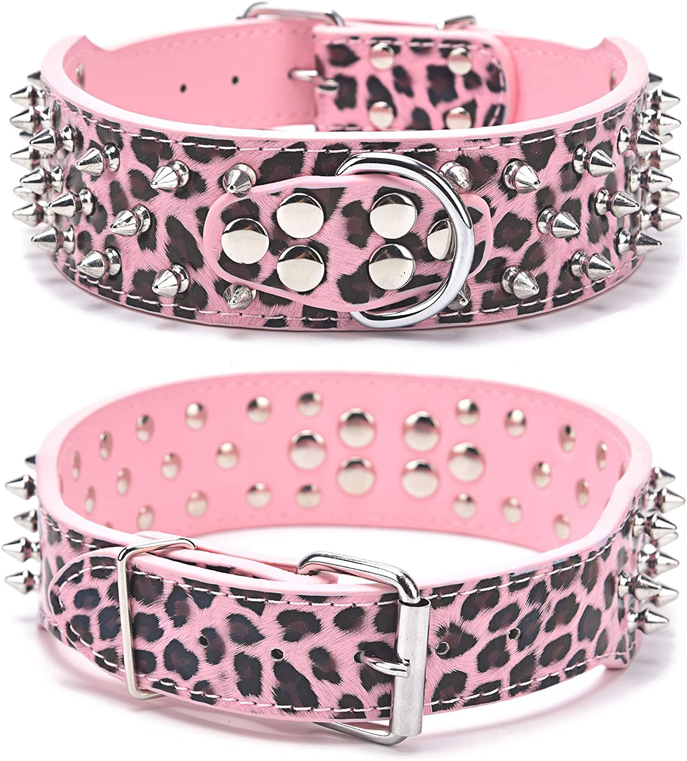 Collier en cuir pour chien rivets cloutés anti-morsure réglable rose 56cm