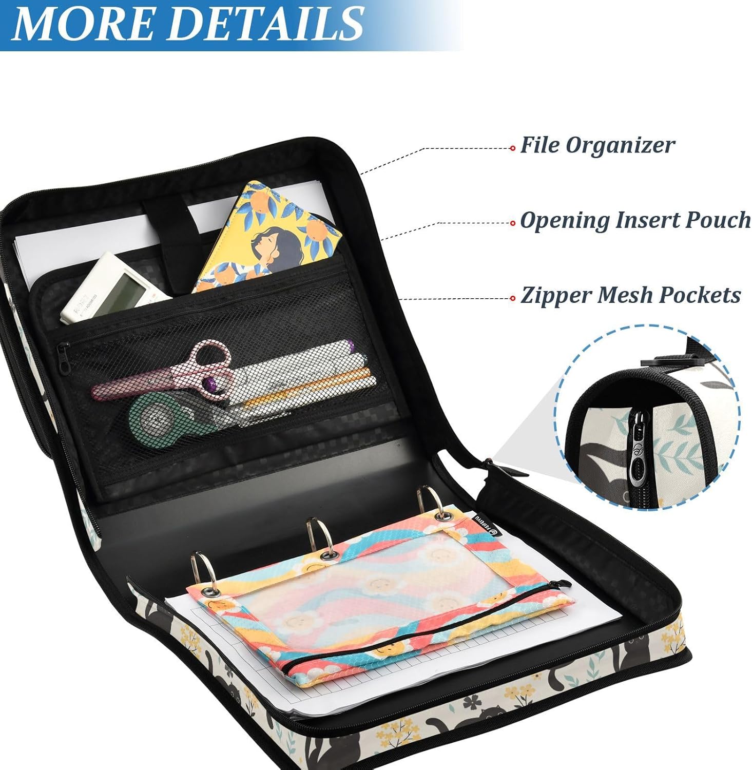 Cute Black Cats and Flowers Zipper Binder with Shoulder Strap Bag 3 Ring Binder Organizer Large Capacity Multiple Compartments for School Office