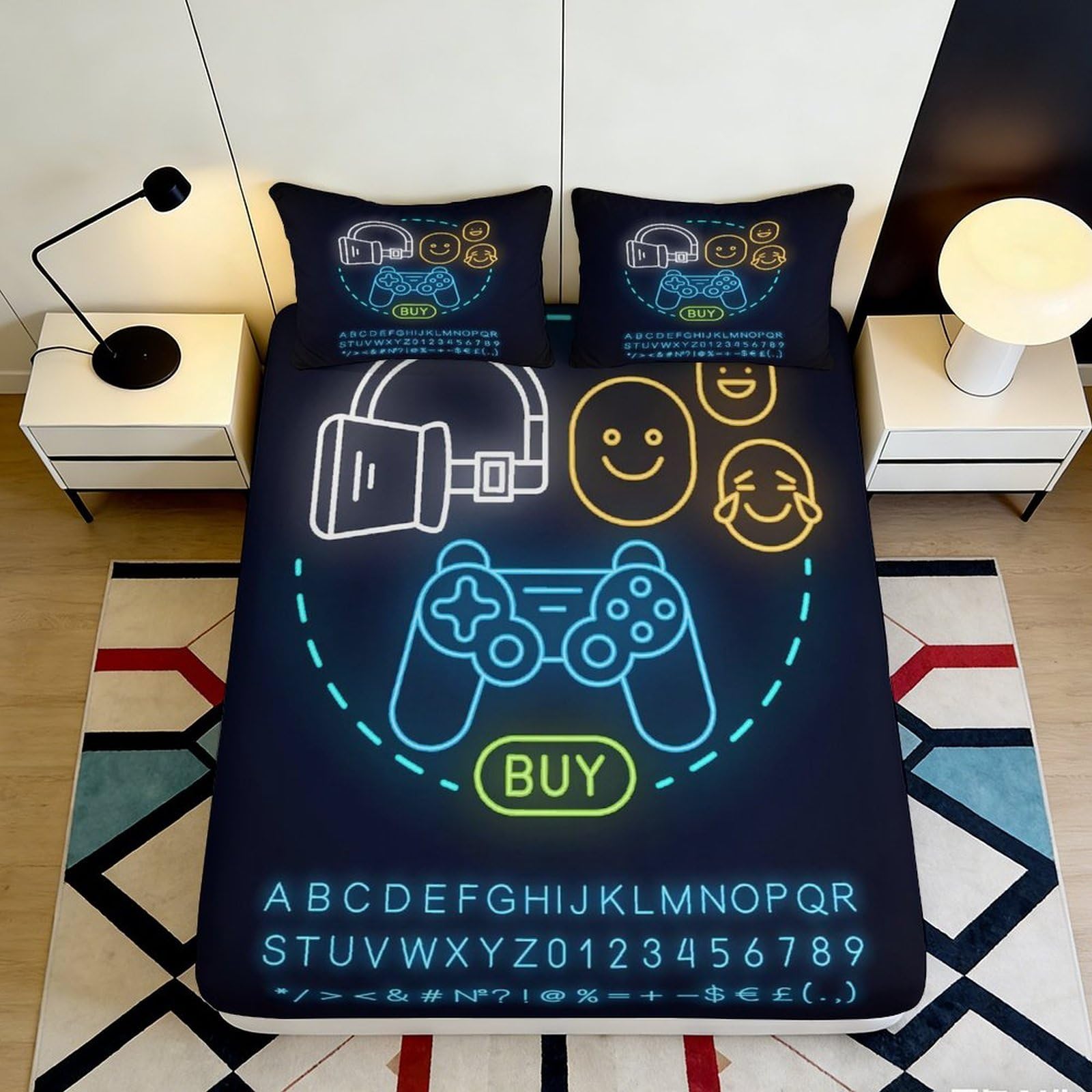 3D Printed Gaming Neon Controller Fitted Sheet Microfiber Durable 3D Printed Emoji Mattress Cover for Bedroom Dormitory Guest Room Protection 120x200x25cm