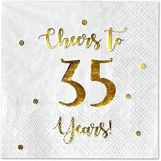 Cheers to 35 Years Cocktail Napkins | Happy 35th Birthday Decorations for Men and Women and Wedding Anniversary Party Decorations | 50-Pack 3-Ply Napkins | 5 x 5 inch folded (White)