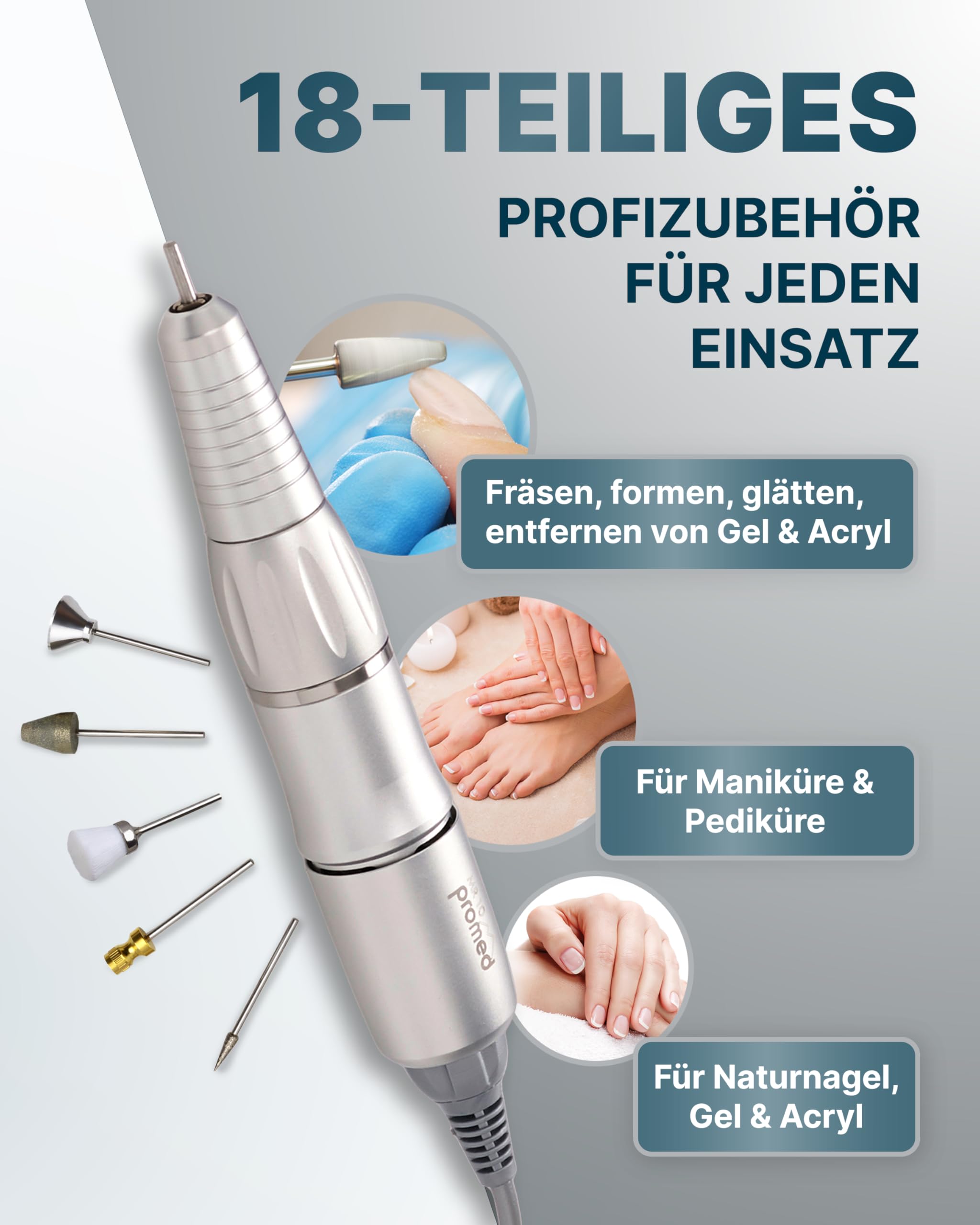 Promed the file 1130 elektrische Nagelfeile, Professioneller Nagelfräser inkl.18-teiligem Profizubehör für Nailart/Nageldesign, elektrisches Nagelfräser-Set für Maniküre/Pediküre, 30000 U/min