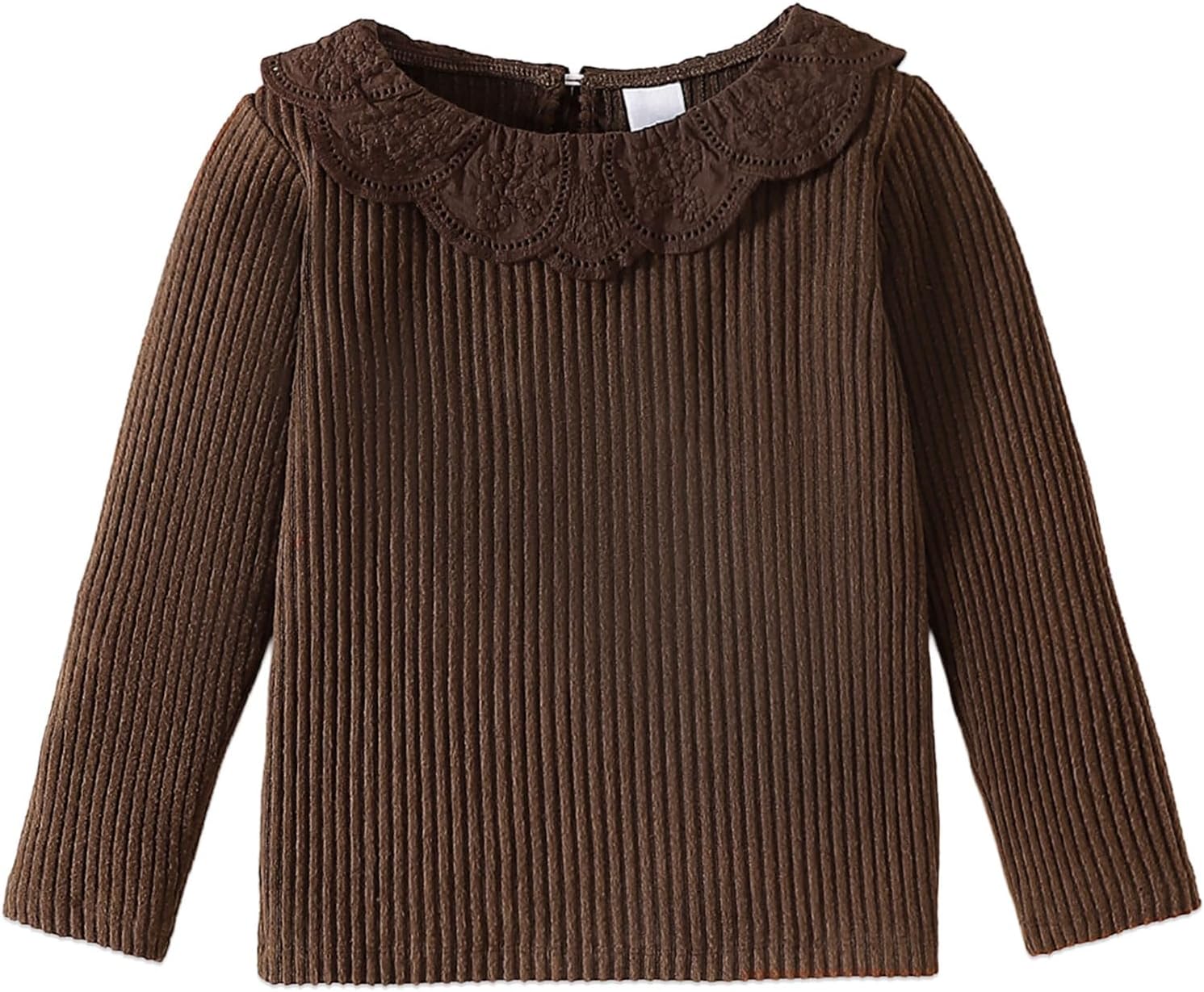 OPAWO Toddler Girl Long Sleeve Shirt Boho Embroidered Collar Ribbed Girls Tshirts Tops Blouse Fall Winter Clothes 12Months-5T