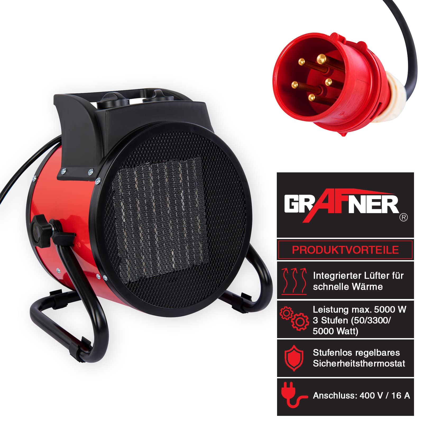Grafner Elektro Turbo Heizgebläse 5 kW, Starkstrom 400 Volt, Thermostat, 3 Heizstufen, kraftvoller Lüfter, Keramik PTC-Element, Bau Heizer elektrisch Baustelle Zeltheizung Elektroheizer Heizlüfter