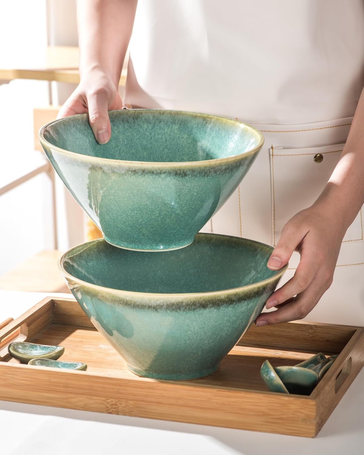 Large Salad Soup Ramen Serving Bowls, 71 OZ Ceramic Japanese Ramen Noodle Bowls with Chopsticks, Spoons and Rests - Super Big Bowl Sets for Udon, Pho, Pasta, Cereal, Set of 2 - Reactive Green
