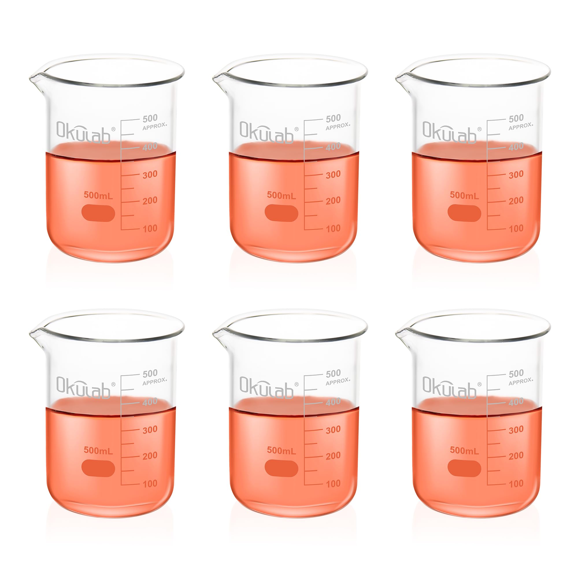 6 Stück 500 ml Glasbecher-Set, niedrige Form, abgestufte Glasbecher für Labor, Klassenzimmer, Handwerk, Küche, BKLG500A6-X