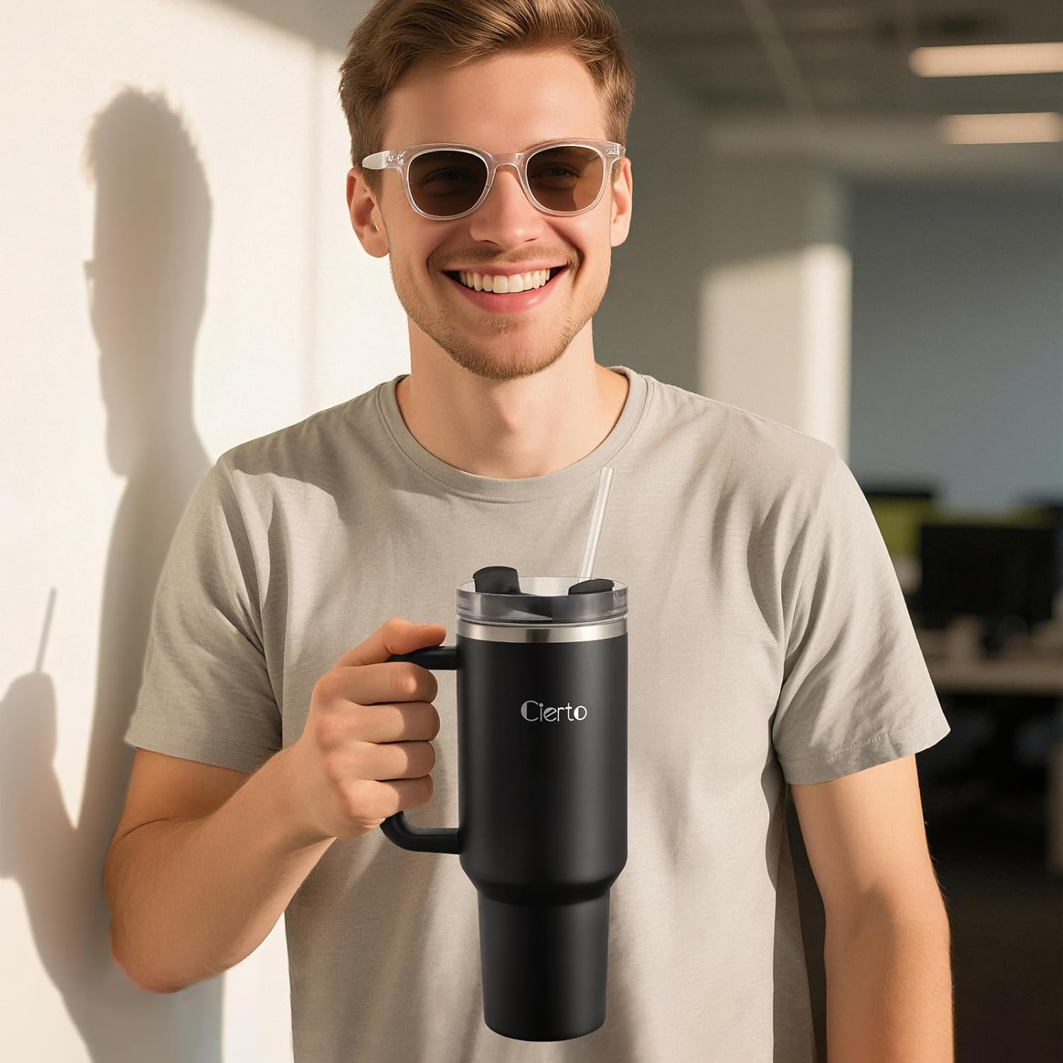 Cierto 40 oz Tumbler with Handle - 3-in-1 Lid & Straw, Double Wall Vacuum Insulated Keeps Drinks Hot/Cold All Day, Car Cup Holder Friendly Stainless Steel Travel Mug, Gift for Women Men Teens (Black) - Image 6