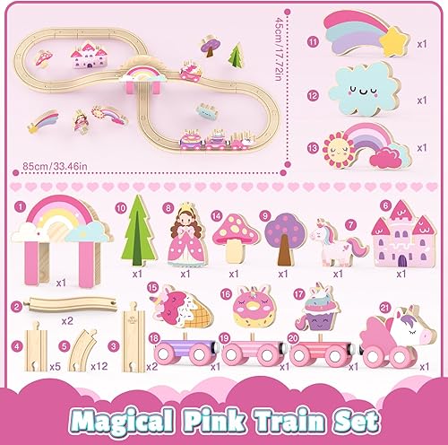 Miniatura 7 de Lehoo Castle Juego de tren de madera - Juego de tren de unicornio para niños pequeños de 2 a 4 años, pista de tren de madera, juguetes de fantasía