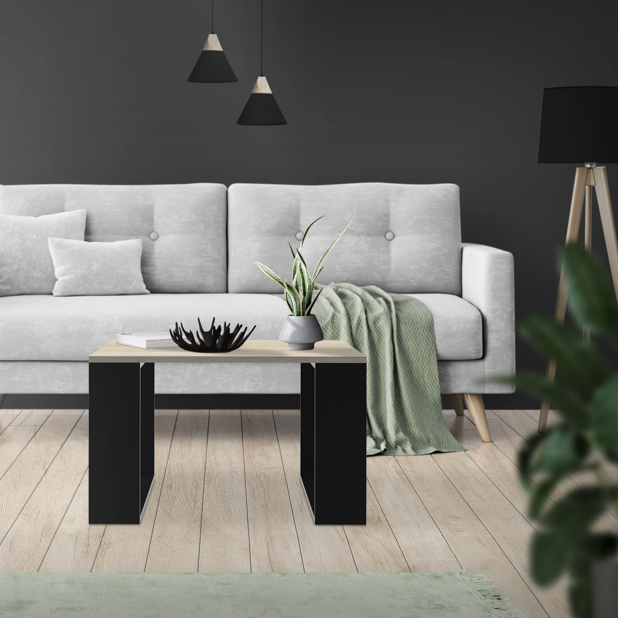 Tavolino Da Salotto DefiPad Con Ripiano Inferiore - In Rovere E Bianco, Larghezza 65 Cm, Altezza 45 Cm, Struttura Massiccia, Gambe Spesse 10 Cm, Produzione Europea