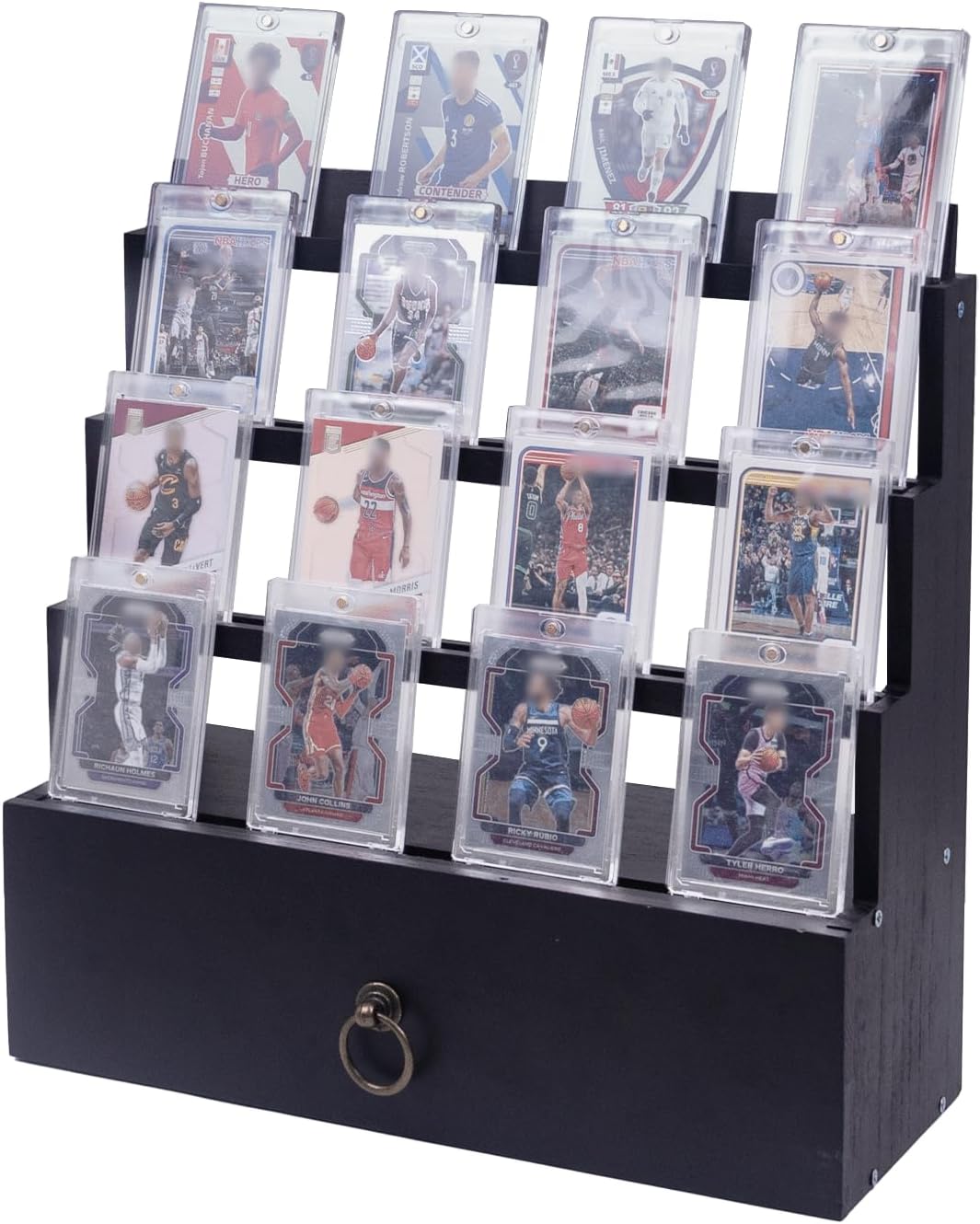 4-Tier Trading Card Display Case with Dedicated Flocking Drawers,Wooden Card Storage Case, Built-in Card Holders & Dividers for Organized Collection and Display