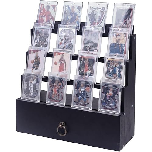 4-Tier Trading Card Display Case with Dedicated Flocking Drawers,Wooden Card Storage Case, Built-in Card Holders & Dividers for Organized Collection and Display