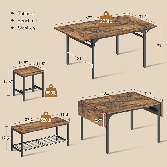 RALGEND Dining Table Set for 4-6, 63 Extendable Kitchen Table Chairs Set with 1 Bench and 4 Stools, 6-Piece Dining Room Table Set with Storage Rack & Metal Frame, Rustic Brown and Black
