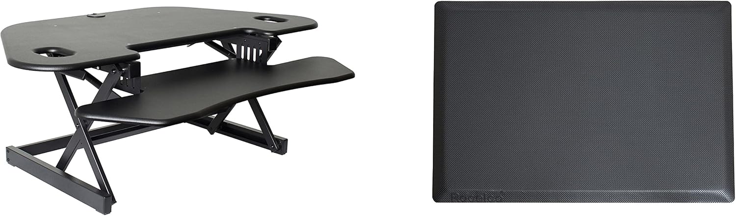 Rocelco 46" Height Adjustable Corner Standing Desk Converter with AC Outlet USB Charger and Anti-Fatigue Floor Mat - Sit Stand Up Tabletop Riser - Keyboard Tray - Black (R CADRB-46-ACUSB-MAFM)