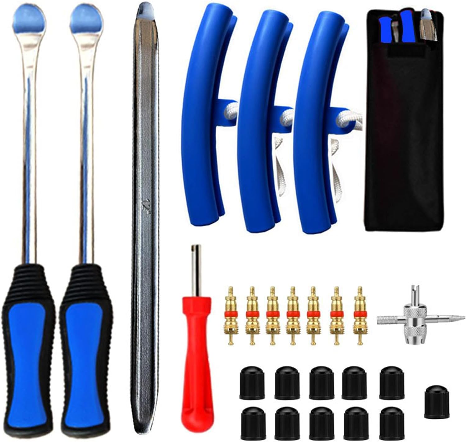 27-Piece Tire Change Tool Kit for Motorcycle, ATV, Lawn Tractor, Bicycle, Scooter, Car - Blue with Tire Spoons, Rim Protector, Valve Tools & Storage Bag