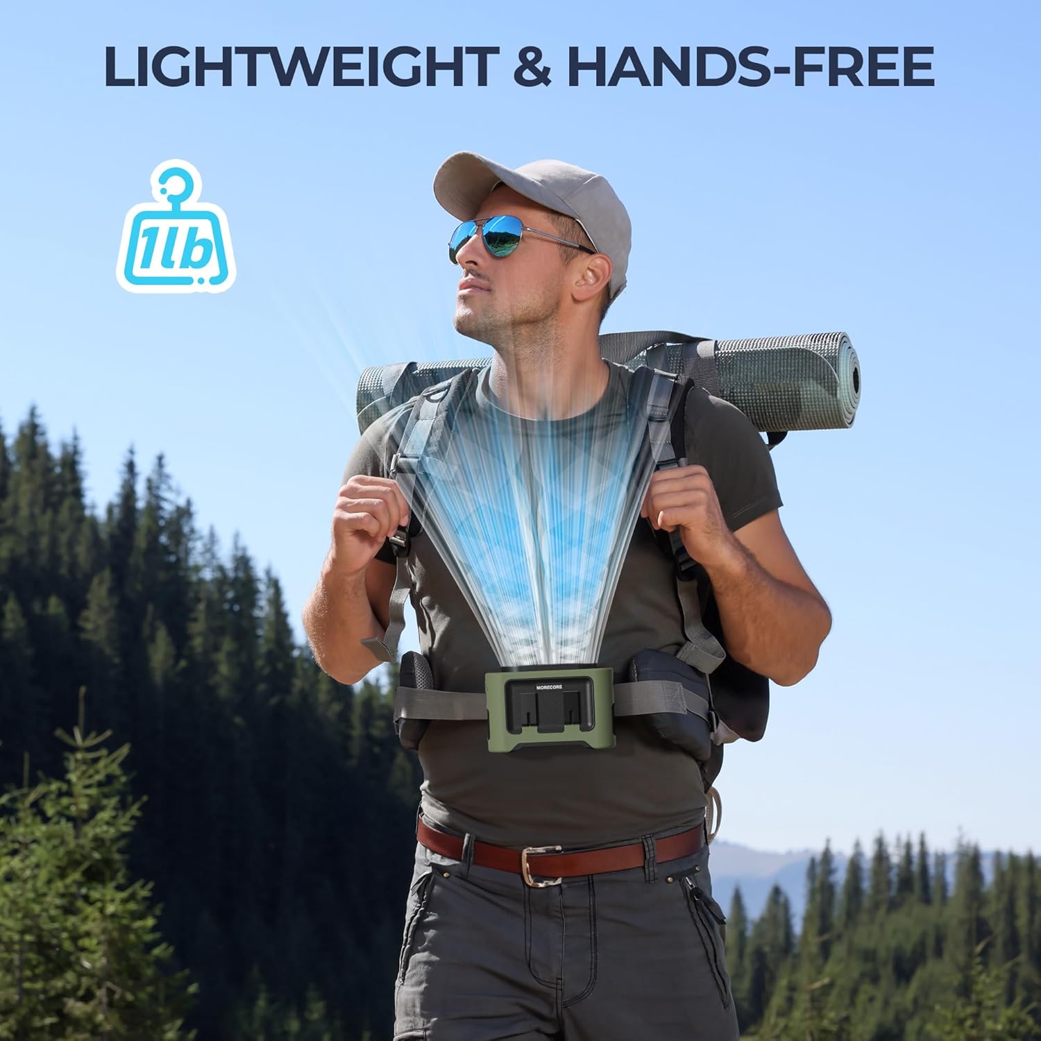 MORECORE 14500mAh Rechargeable Waist Fan with 40H Cooling, 5 Speeds & Flashlight with Rotatable Clip on Belt, Wearable Personal Shirt Fan, Hands-free for Outdoor Work Jobsite Farms Fishing-Green