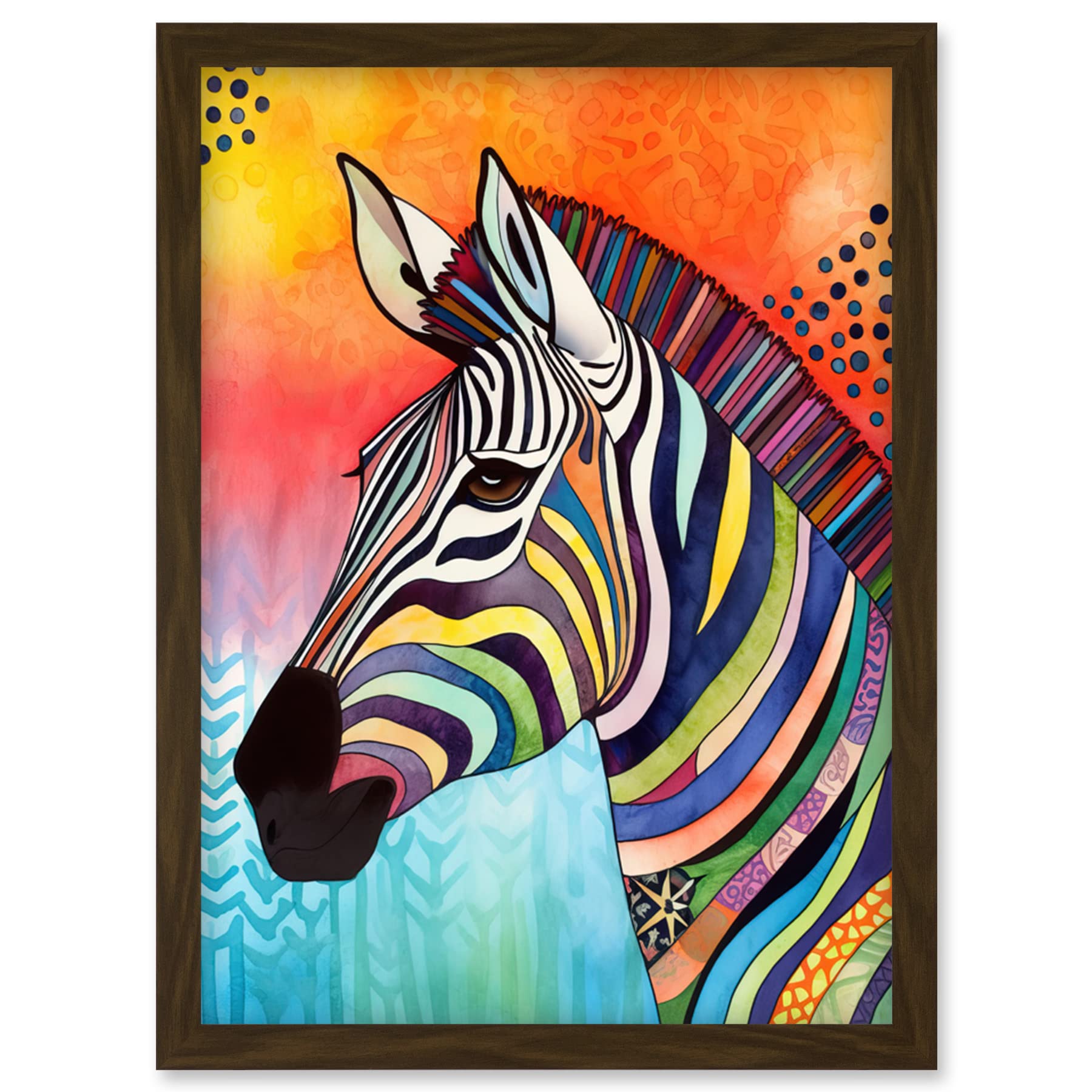 Artery8 Zebra Folk Art Bright Multicoloured Artwork Framed Wall Art Print A4