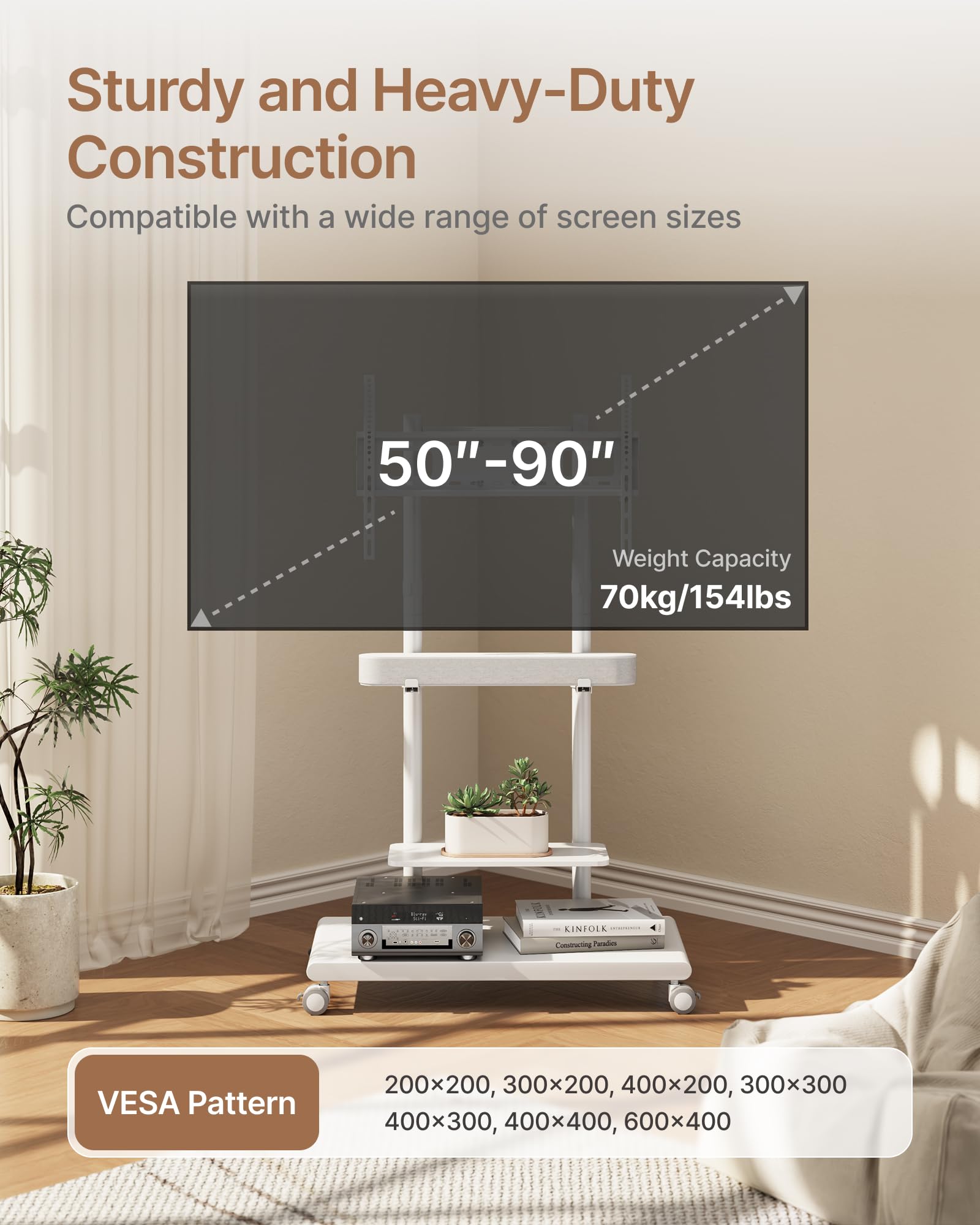 Base in acciaio mobile per TV con supporto soundbar per TV da 50-90 pollici fino a 69,9 kg, girevole e inclinabile, con ampio spazio di archiviazione, carrello per TV resistente regolabile in