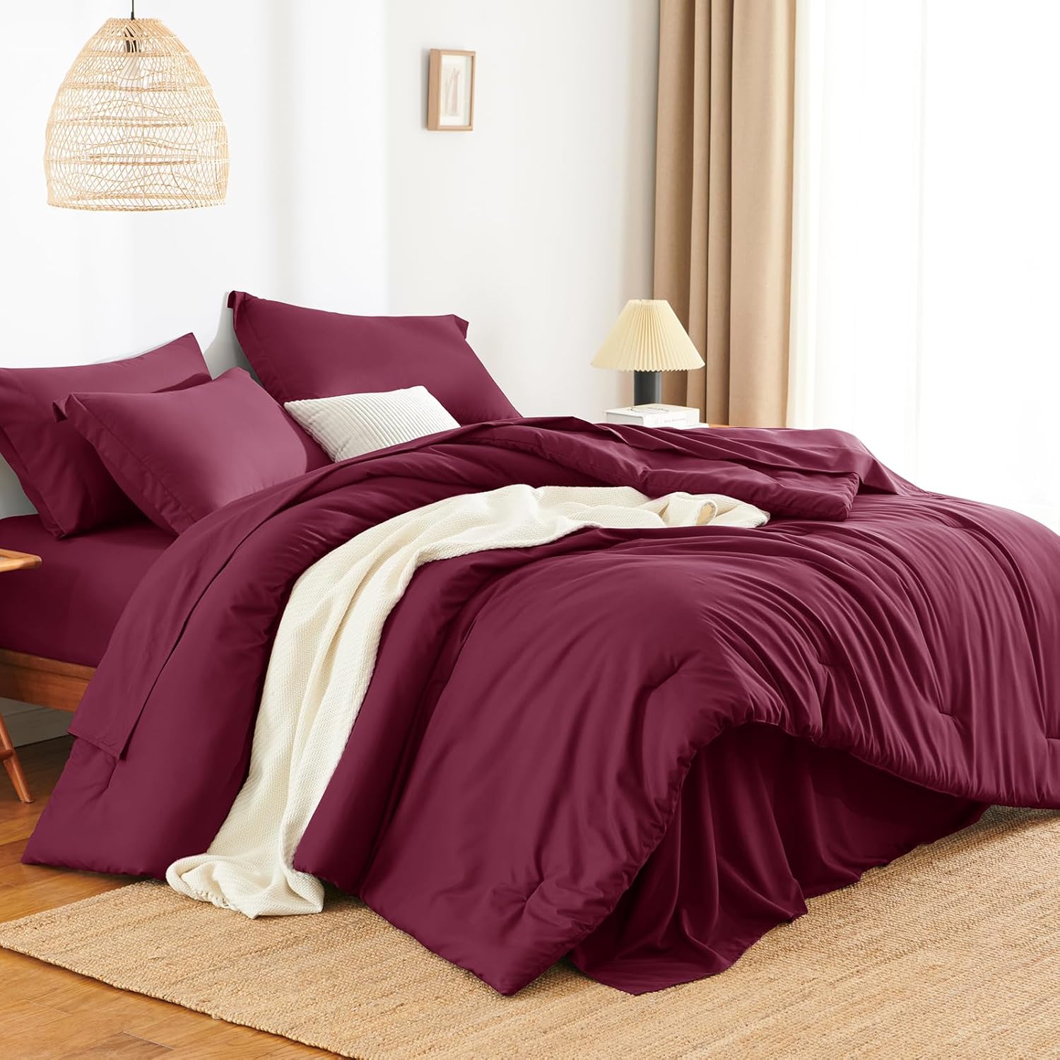 HIMEET Full Size Comforter Sets - 7 Pieces Bed in a Bag Full, Luxury Comforter Set with Sheets for All Season, Bed Set with Comforter, Flat Sheet, Fitted Sheet, Pillowcases & Shams, Burgundy