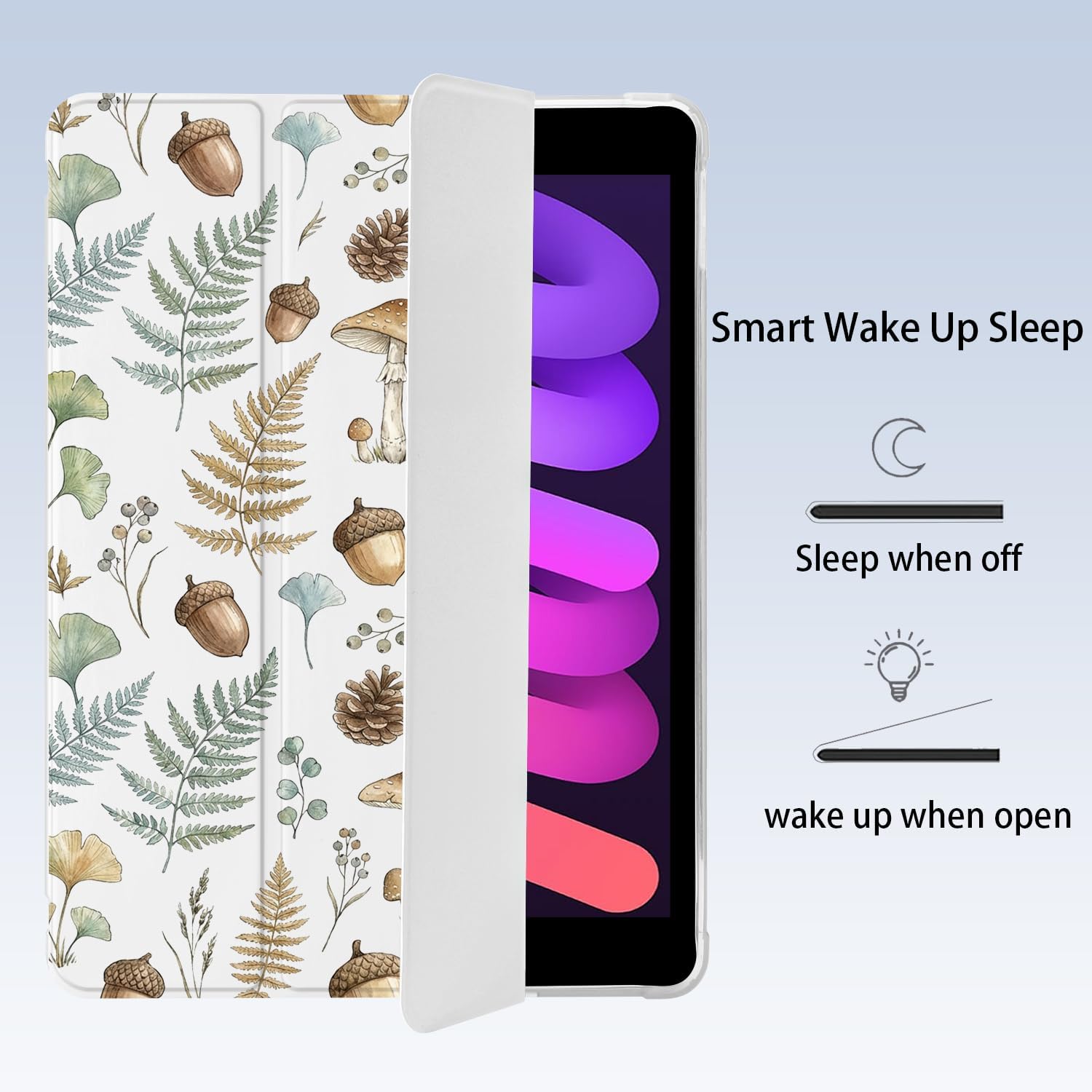 Mushroom Pinecone Leaves for iPad (A16) 11th Gen Case 11 Inch 2025, for iPad 10th Gen Case 10.9 Inch 2022 with Pencil Holder, Auto Sleep/Wake, White Leather Soft TPU Back Cover