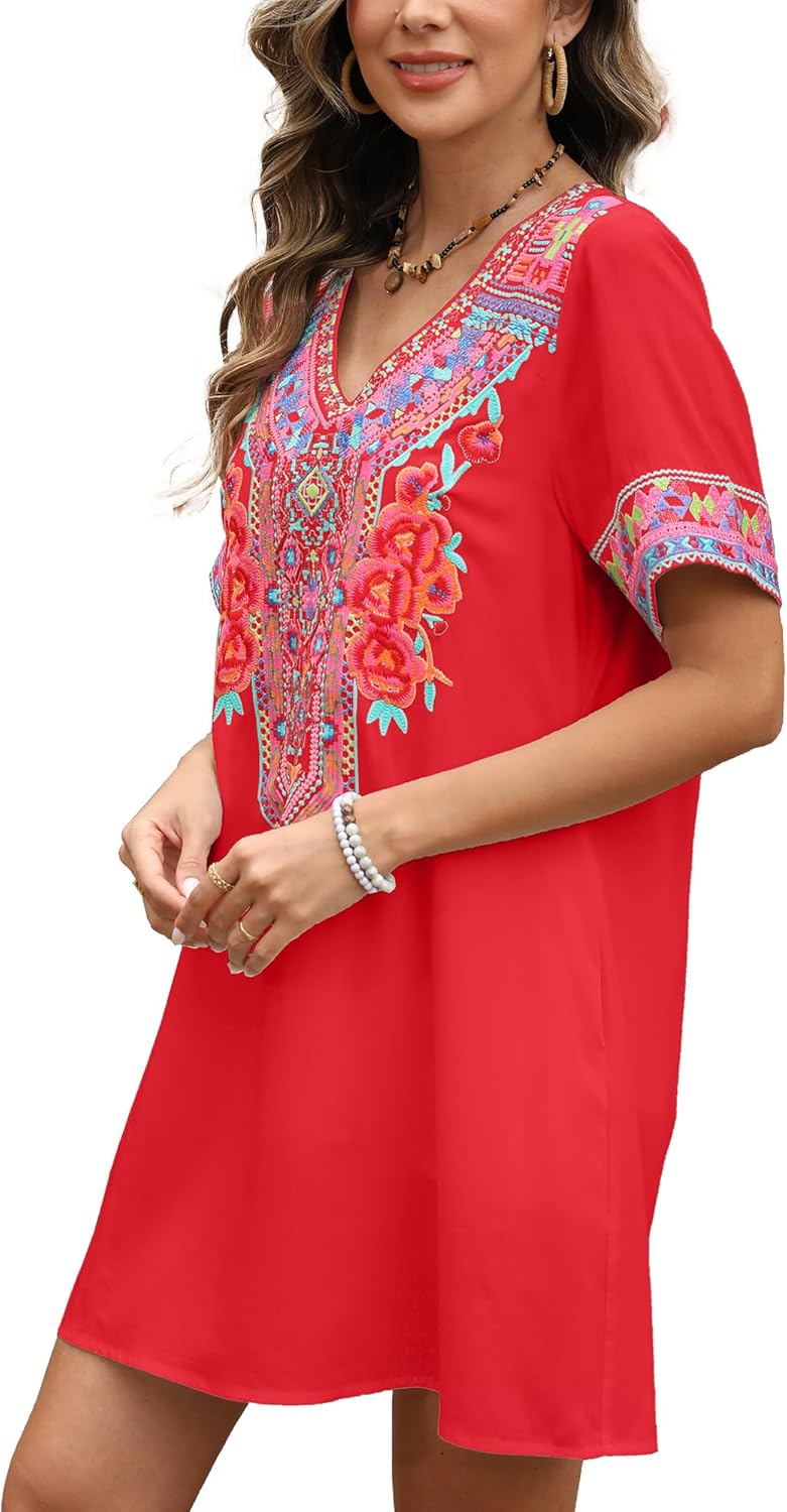 Grosy Fiesta Embroidered Mexican Dress for Women Beach Vacation Plus Size Short Sleeve Summer Boho Dresses with Pocket - Image 5